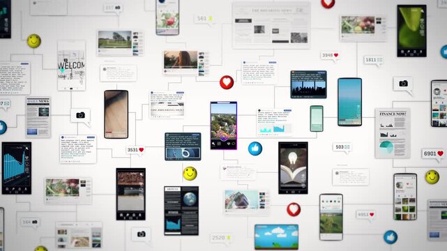 Wide view of interconnected social media elements including posts, icons, and mobile screens, demonstrating large scale digital communication, engagement tracking, and content distribution networks.