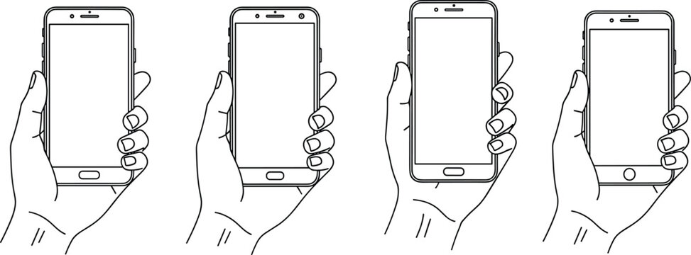 Hand holding smartphone outline icon set with blank screen devices for mobile app interface presentation and digital communication design