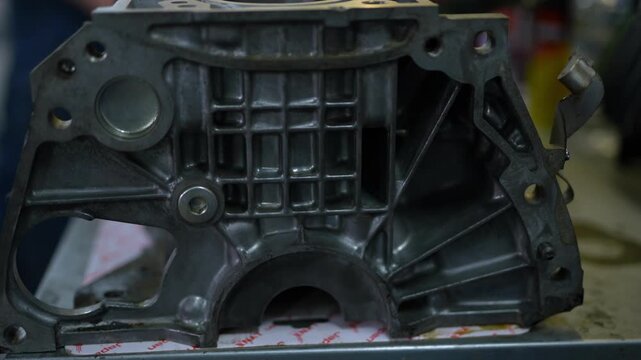 Close-up view of a metal car engine cylinder block.
