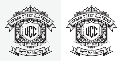 Fototapeta premium Urban Crest Clothing Brand Logo with Monogram Shield and Filigree