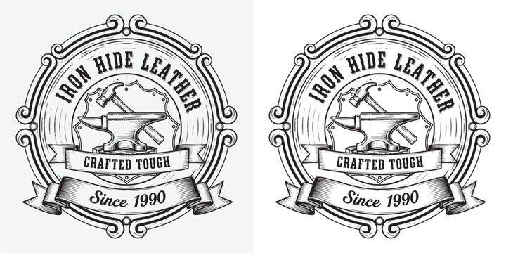Iron Hide Leather Workshop Logo with Anvil and Hammer Emblem