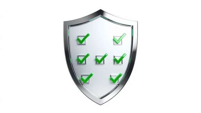 Silver shield displays multiple green checkmarks. Symbol represents security, protection, confirmation, success, positive results. Clean design.