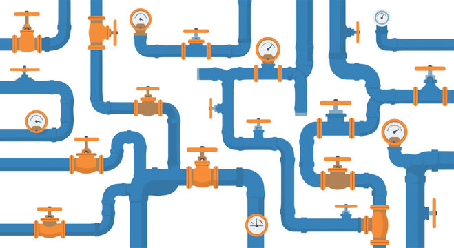 A complex network of blue industrial pipes with orange valves and pressure gauges is intricately arranged against a plain white background.