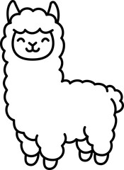 Fototapeta premium Alpaca animal outline line drawing cartoon cute black white portrait minimal wool mammal simple smiling isolated transparency background
