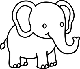 Fototapeta premium Elephant animal mammal wildlife safari cartoon outline black simple cute elephant with trunk raised, clean line drawing style, isolated