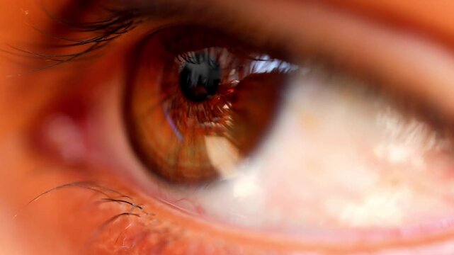 Slow Motion Macro Shot of Human eye with brown iris blinking in extreme close-up revealing intricate detail in bright, natural light at 180 fps High quality footage