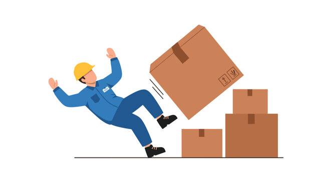 A worker in a blue uniform and yellow hard hat is falling backward as a large brown cardboard box tumbles beside him.