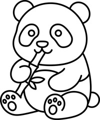 Obraz premium Panda bamboo bear animal cartoon cute line drawing black white panda eating bamboo simple line drawing style, smiling and sitting, child friendly