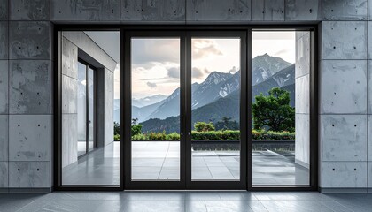 Naklejka premium Modern architecture with sliding glass doors and mountain view.