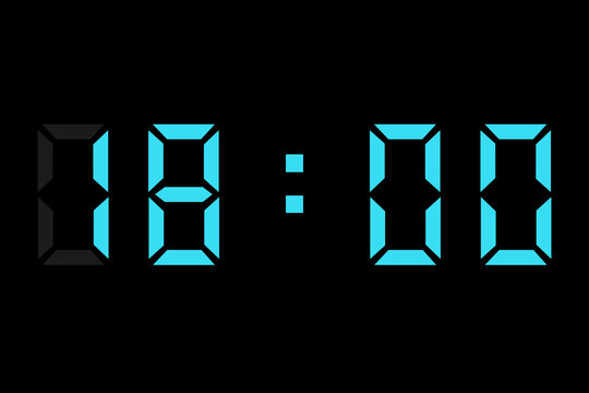 digital clock showing 18:00 in light blue on a black background