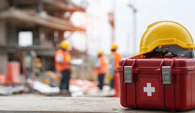 A first aid kit and yellow safety helmet on a construction site with blurred workers in safety vests in the background.