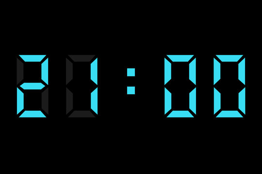 digital clock showing 21:00 in light blue on a black background