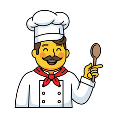 Naklejka premium Happy Chef Character Holding Wooden Spoon, Cartoon Style