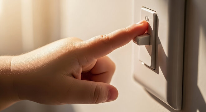 Child turning off light switch on plain white wall. Small hand, bright light. Young child turning off light switch demonstrates energy saving, promotes electricity conservation.