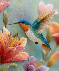 Naklejka premium Hummingbird's Delicate Dance: A hummingbird hovers gracefully near vibrant blossoms, a symphony of color, texture, and natural artistry.
