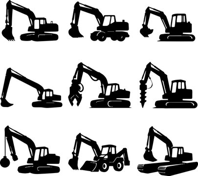 black excavator silhouettes set on white background