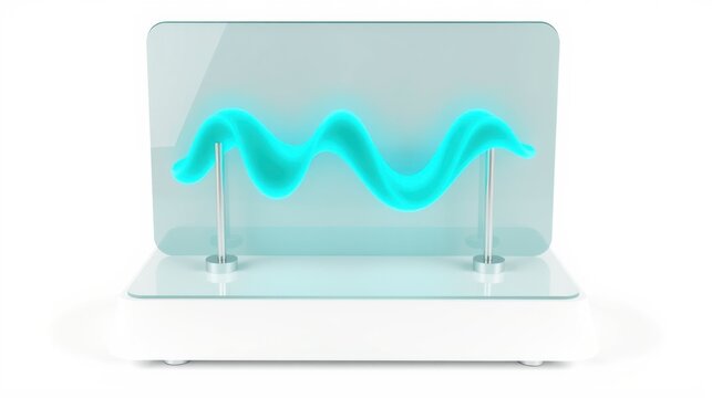 Bright cyan wave displayed within transparent enclosure. White base supports glowing sinusoidal form. Modern design, clean aesthetic.