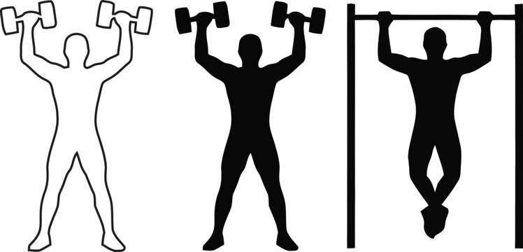 Strength Training Icon Set with Dumbbell Overhead Press and Pull Up Bar Silhouettes Outline and Solid Versions
