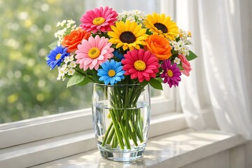 Fototapeta premium Vibrant Fresh Colorful Flower Bouquet in a Clear Glass Vase on a Windowsill