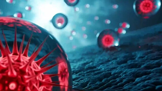 Microscopic view of a large red virus particle on a textured surface with several smaller particles floating in the background.