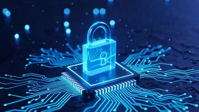 A glowing blue padlock secures a microchip on a circuit board with neon-like pathways and dots.