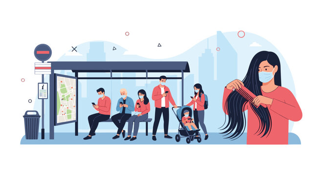 Commuters wearing protective masks wait at a city bus stop while using their mobile phones in a modern urban environment.