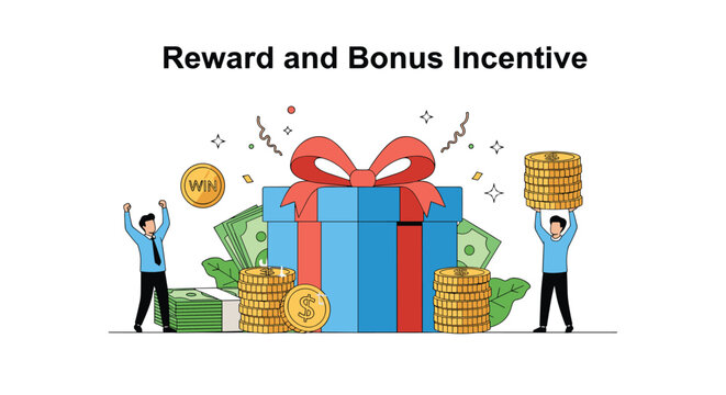 Reward and bonus incentive concept with happy employees celebrating around a giant gift box and stacks of gold coins.