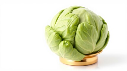 Fototapeta premium Savoy cabbage sits atop golden stand. Fresh produce, vibrant green hues, simple studio shot. Clean background enhances vegetable form.