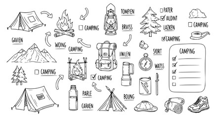 Camping Icons Vector with Handwritten Notes Arrows and Sketchy Travel Labels © Sheikh