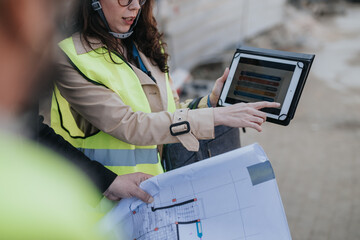 A female construction engineer in a reflective vest points at a tablet while holding site blueprints. The engineers review digital plans and paper drawings during an on-site project consultation. © qunica.com