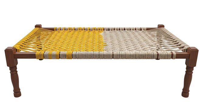Traditional handmade indian wooden charpai bed with colorful woven rope isolated on white background