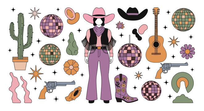 Retro Disco Cowgirl Vector Clip Art Set - Western Boho Elements for Bachelorette Party and Groovy Nashville Aesthetic