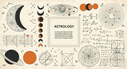 Vintage Astrology and Astronomy Background with Moon Phases, Celestial Orbits, Mathematical Formulas, and Sacred Geometry © Bianca