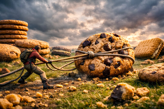 Tiny explorer pulling a gigantic chocolate sandwich cookie with rope across a rugged field, surreal fantasy food landscape under dramatic storm clouds with playful adventurous scale contrast