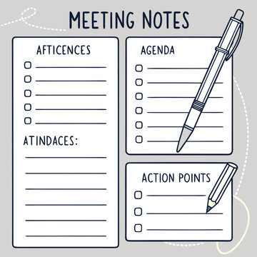 Meeting notes template with pens on a gray background stationery office