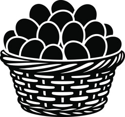 Basket of fresh farm eggs vector illustration, black silhouette with many eggs inside.