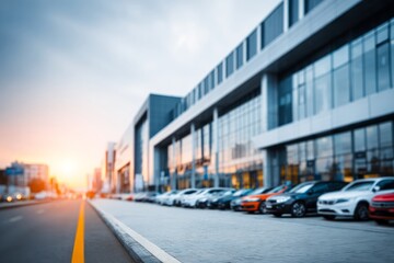 Fototapeta premium Modern commercial building facade features a row of parked automobiles beside an urban roadway at sunset