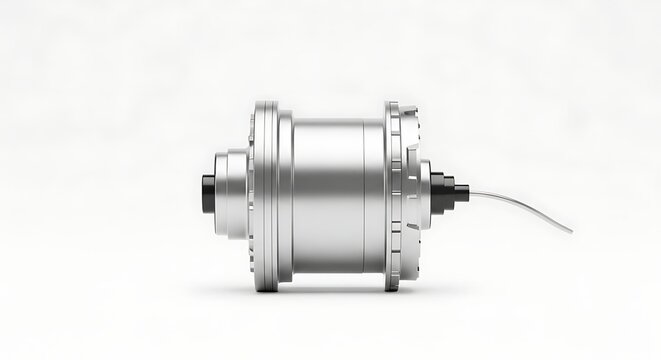 Detailed view of a silver bicycle hub dynamo component with a thin wire extending for electrical power generation presented for automotive and cycling parts documentation and repair guides