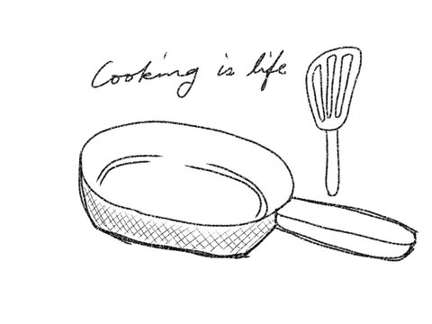 hand-drawn frying pan and a turner