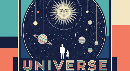 Vintage Style Universe Poster Featuring Solar System Planets, Anthropomorphic Sun, and Parent with Child Silhouette for Astronomy and Education © Bianca