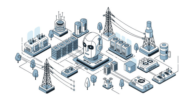 Futuristic isometric data center with a large robot head surrounded by servers, power lines, and cooling units representing ai technology.