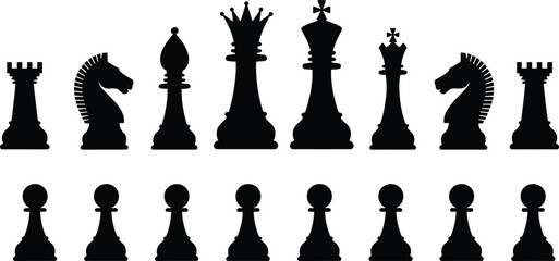 A complete collection of professional black chess piece silhouettes including king queen rook bishop knight and pawn icons isolated on a transparent white background. © SHAPLAKHATUN