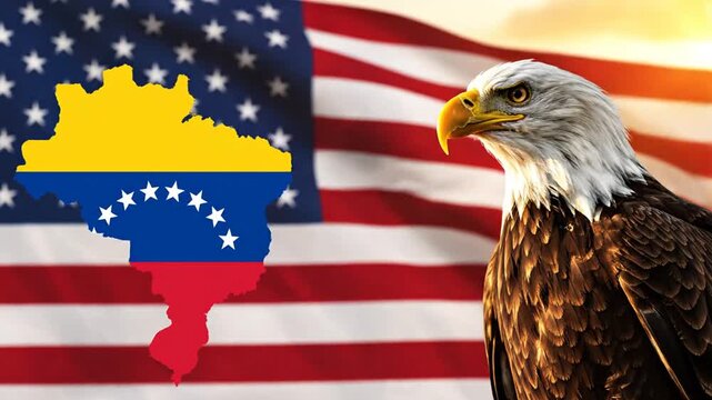 Eagle with USA flag, and Venezuela map.
