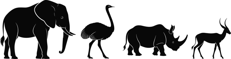 Fototapeta premium African wildlife silhouette collection featuring elephant ostrich rhinoceros and gazelle icons isolated on white background for safari animal conservation nature design and wildlife travel vector.
