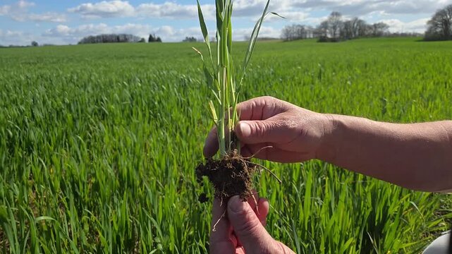 Main agriculteur ou technicien agricole tenant un jeune plant de bl&eacute; dans un champ agricole