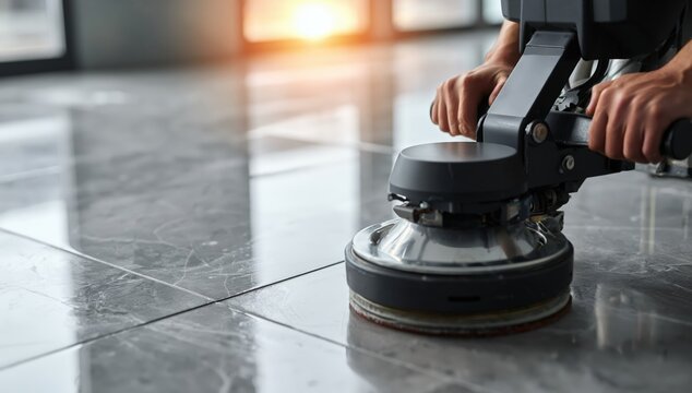A close-up of a person using a floor polishing machine to clean shiny marble tiles in a bright, modern indoor space.