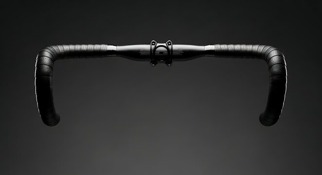 High angle view of a dark gray bicycle handlebar with wrapped tape and a stem clamp attachment showcasing cycling equipment for road racing and endurance sports on a subtly lit monochrome surface