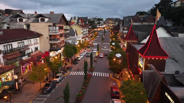 Aerial view of houses with European Alpine architecture on Borges de Medeiros Avenue - Gramado, Rio Grande do Sul, Brazil