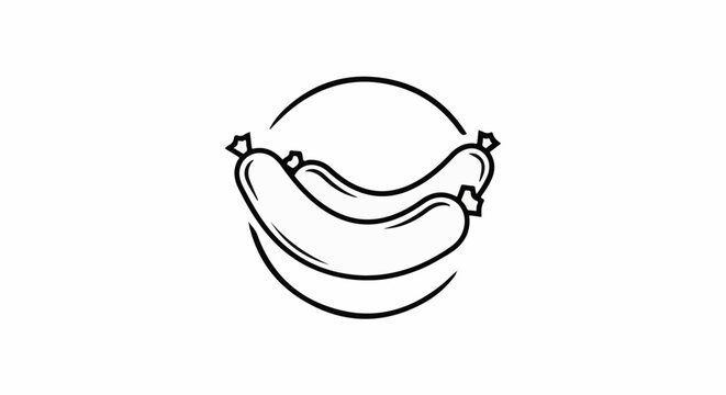 Simple black and white illustration of two sausages in a circular frame