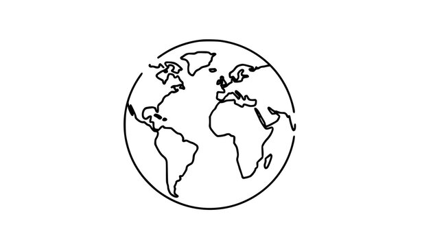 World globe outline vector icon simple earth line symbol with continents isolated on white background